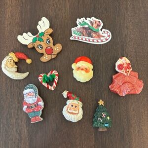 Vintage Christmas Hallmark Etc 1980s Pin Brooches Santa Barbie Animals Lot Of 9